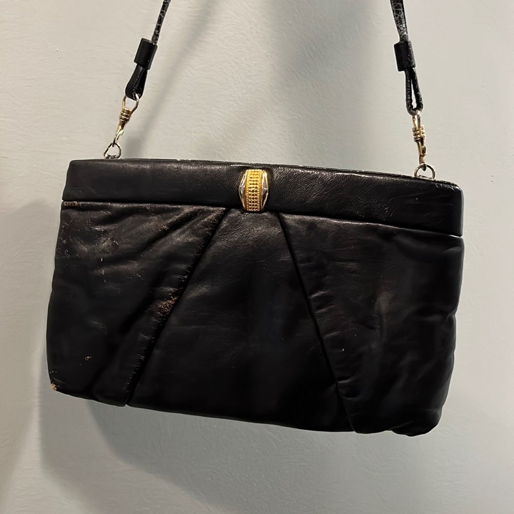 Vintage Vay Black Crossbody Purse Bag with Golden Accent